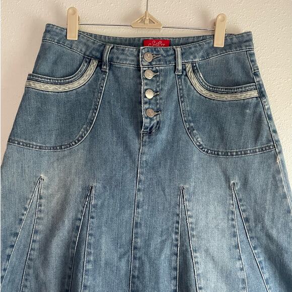 Denim Pleated Button Fly Midi Skirt - Picture 4 of 6